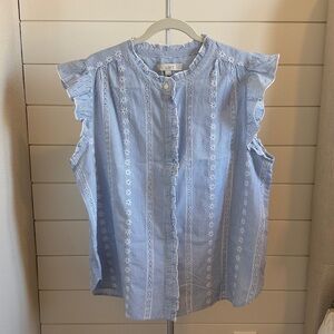 LOFT Blue and White Embroidered Blouse